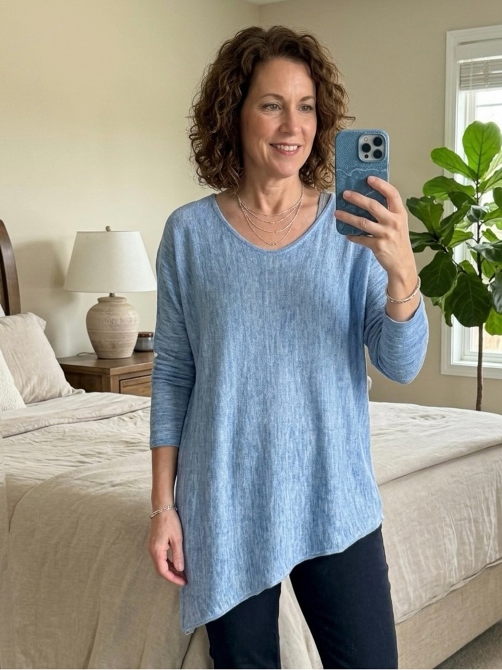 Eileen Fisher Blue 100% Linen Asymmetrical Hem Long Sleeve Tunic Top Large 14 16